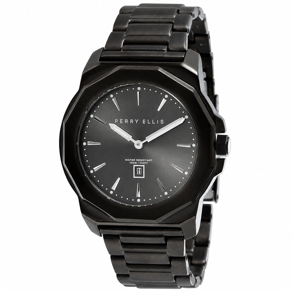 Reloj Perry Ellis Decagon 42 08007-02 Fecha Acero Inoxidable Negro