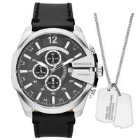 Reloj Diesel Mega Chief DZ4559 Set Con Collar Fecha Cronómetro Correa de Cuero Negro