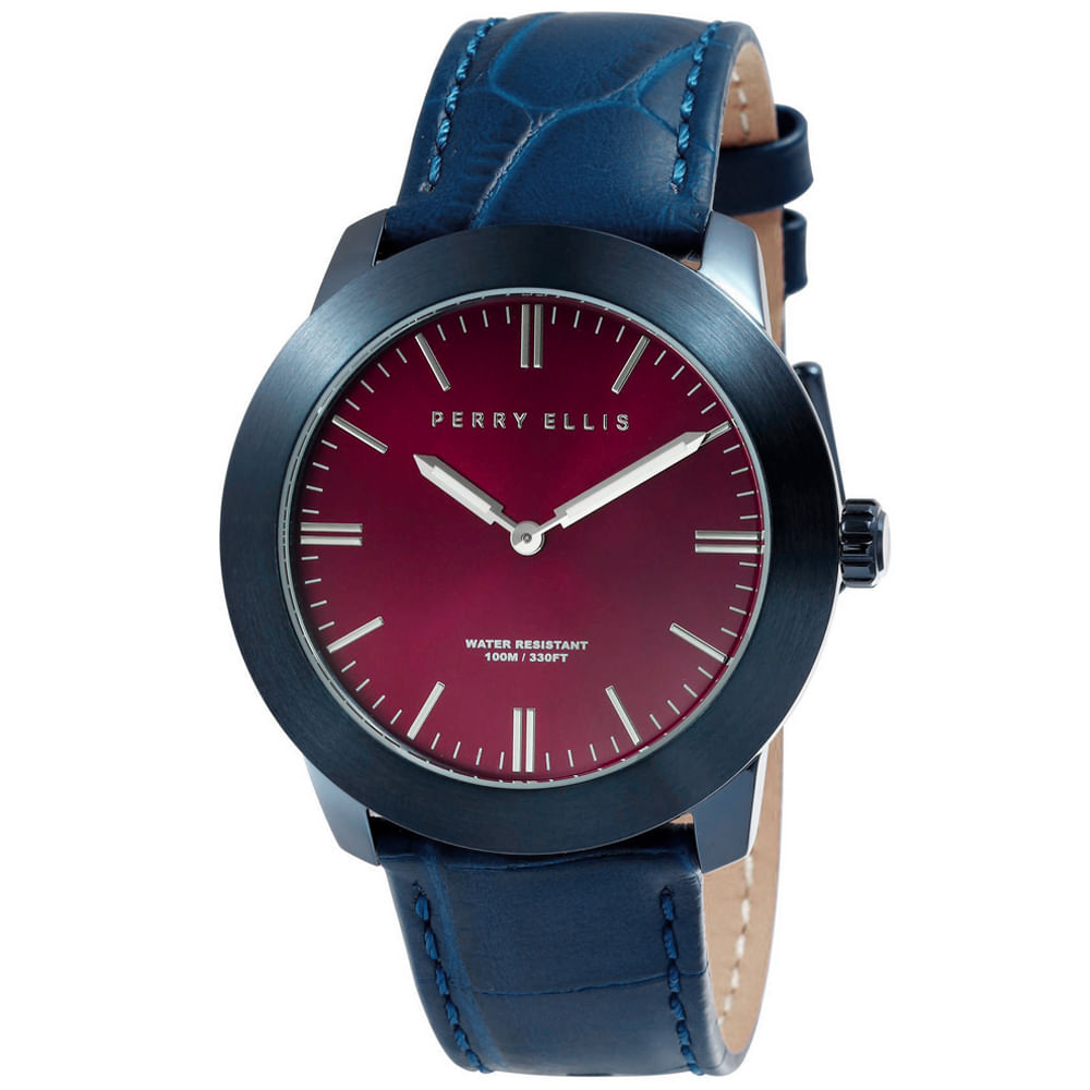 Reloj Perry Ellis Slim Line 42 07012-01 Acero Inoxidable Correa de Cuero Azul Dial Vino