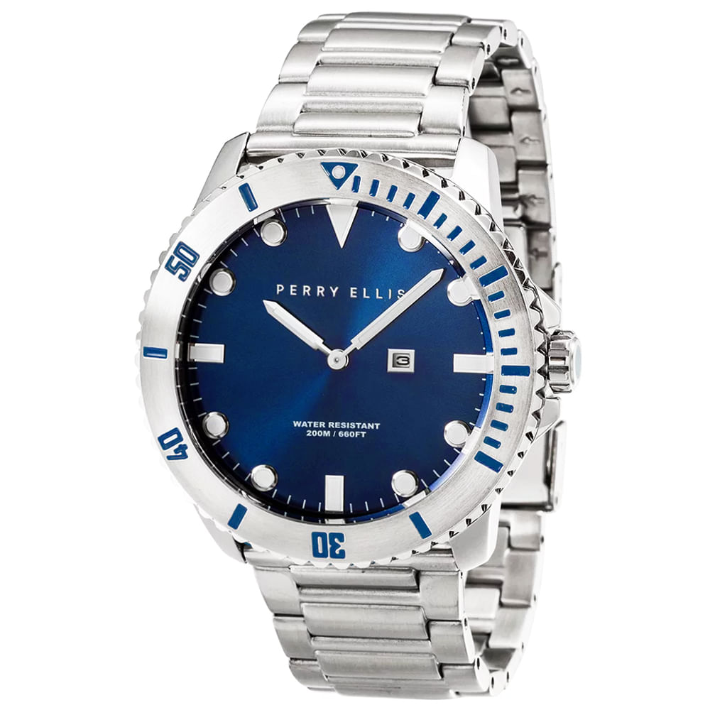 Reloj Perry Ellis Deep Diver 42 06002-02 Fecha Acero Inoxidable Dial Azul