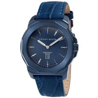 Reloj Perry Ellis Decagon 42 08006-01 Fecha Acero Inoxidable Correa de Cuero y Dial Azul