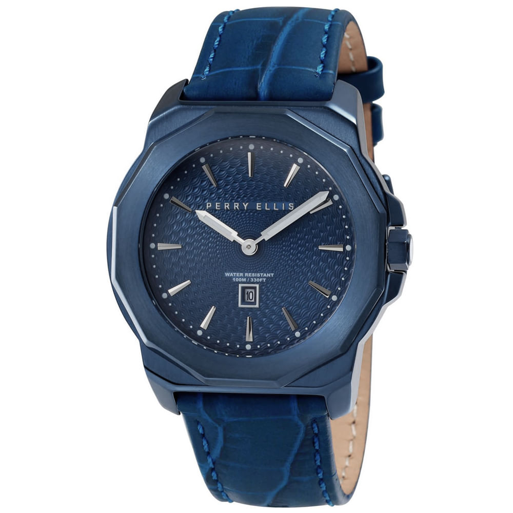 Reloj Perry Ellis Decagon 42 08006-01 Fecha Acero Inoxidable Correa de Cuero y Dial Azul