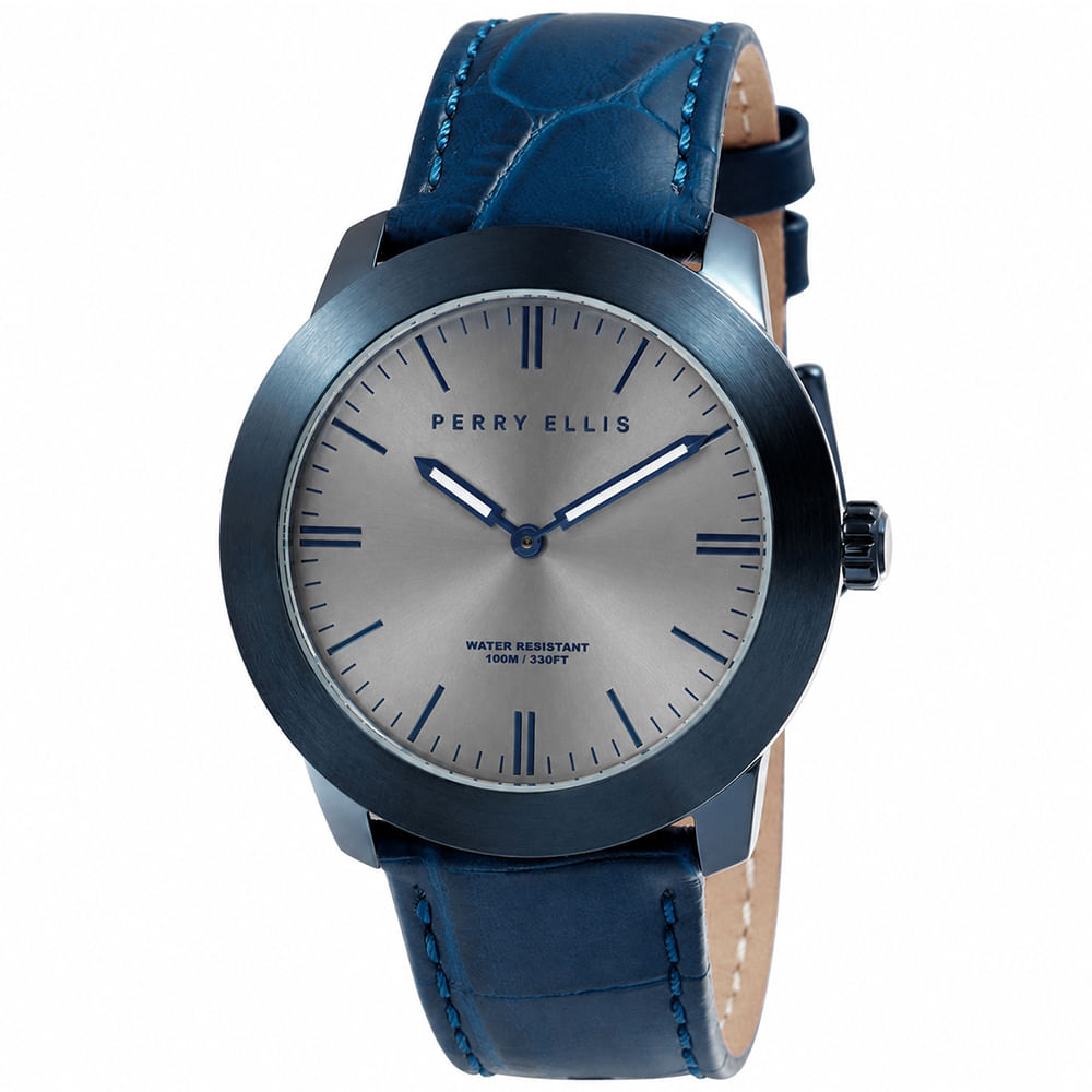 Reloj Perry Ellis Slim Line 42 07005-01 Acero Inoxidable Correa de Cuero Azul Dial Gris