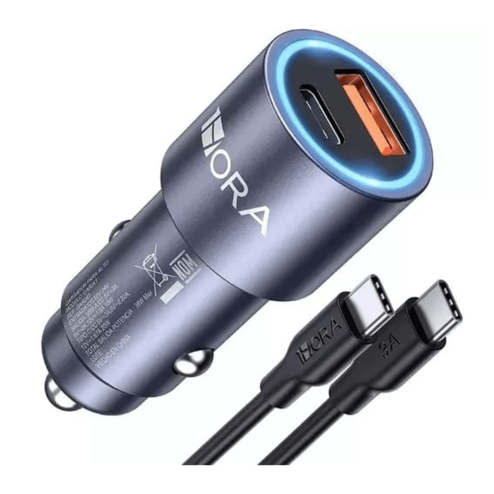 CARGADOR DE AUTO RAPIDO 1HORA 38W DUAL USB-C PD Y USB-A QC 3.0 CON CABLE TIPO C