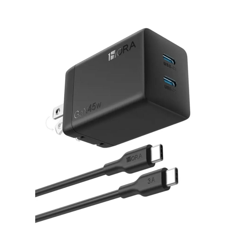 CARGADOR DUAL RAPIDO 1HORA GAN 45W 2 PUERTOS USB-C Y CABLE TIPO C A C 3A NEGRO