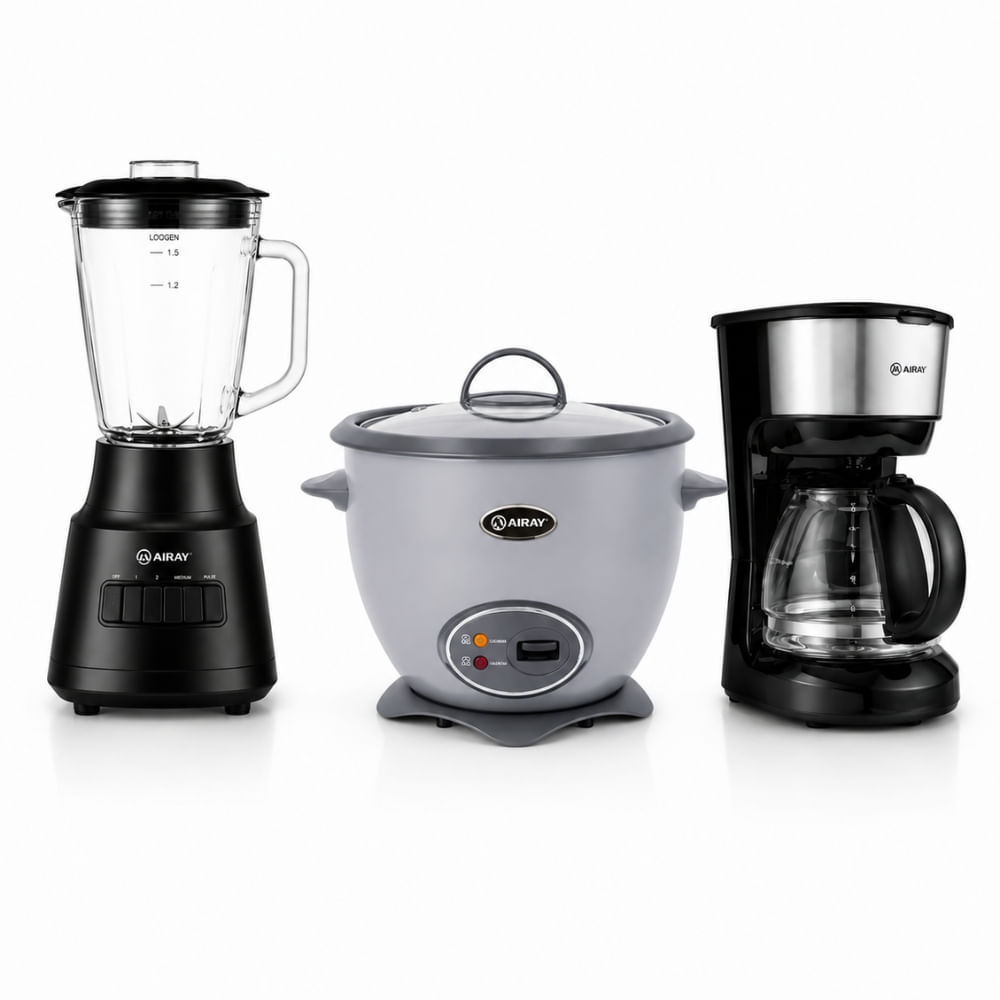 Combo Olla Arrocera Gris 1.5L Más Licuadora 1.5L 600W Más Cafetera 6 Tazas
