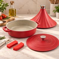 Olla Tajín de Aluminio Fundido 28 cm con 2 Tapas Rojo