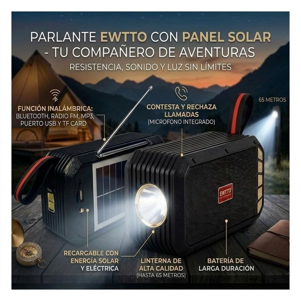 Parlante Bluetooth EWTTO AZUL con Panel Solar - Radio FM - Linterna LED y Batería Recargable