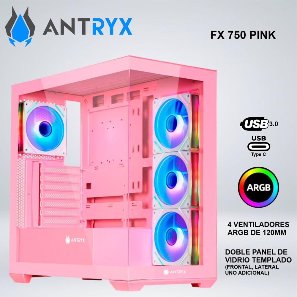CASE MID TOWER ANTRYX FX-750 ARGB PINK DOBLE PANEL DE  VIDRIO TEMPLADO