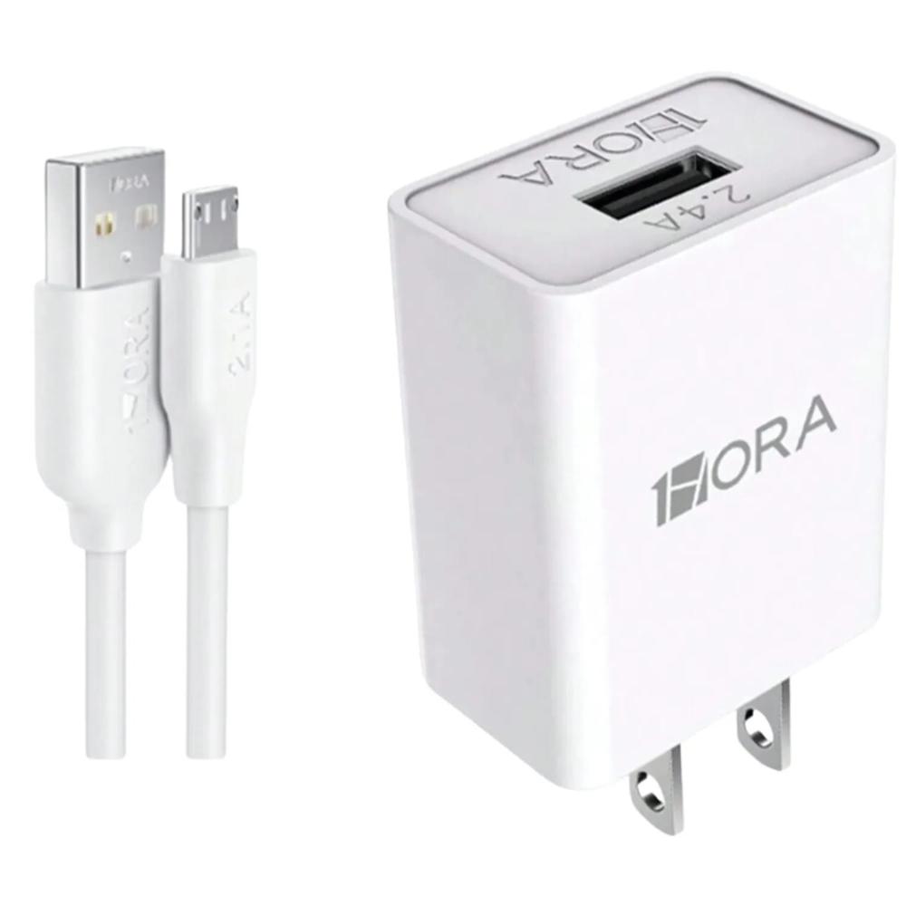 COMBO CARGADOR DE PARED 1HORA 12W 2.4A USB  CON CABLE MICRO USB V8 1M BLANCO