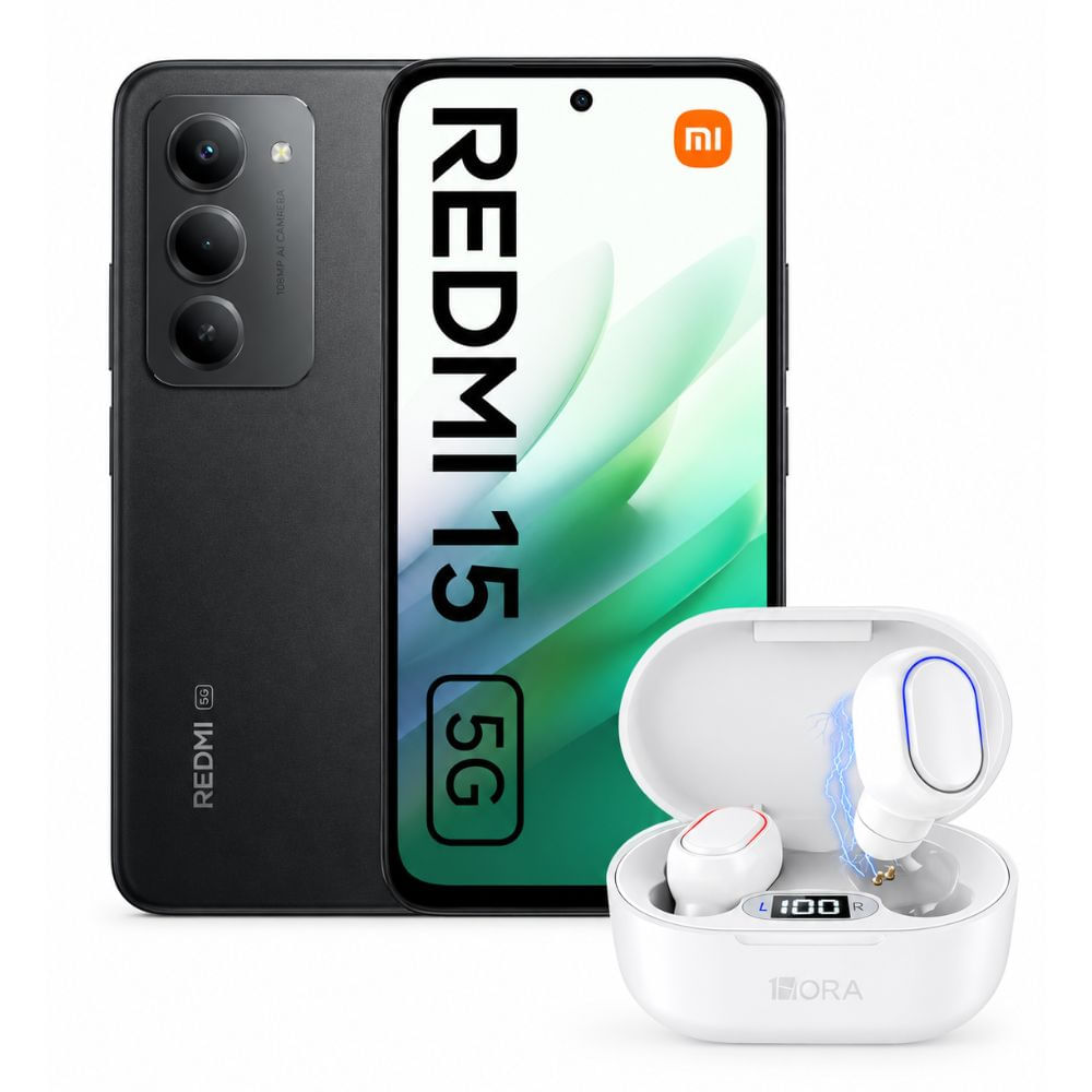 Celular Xiaomi Redmi 15 5G 256GB 8GB Negro y Audifonos Inalambricos 1HORA AUT114 Blancos