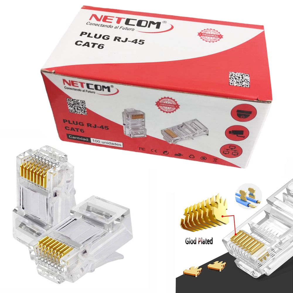 Conector Rj45 Cat 6 Cat6e NETCOM para Extensión X 100 Unidades