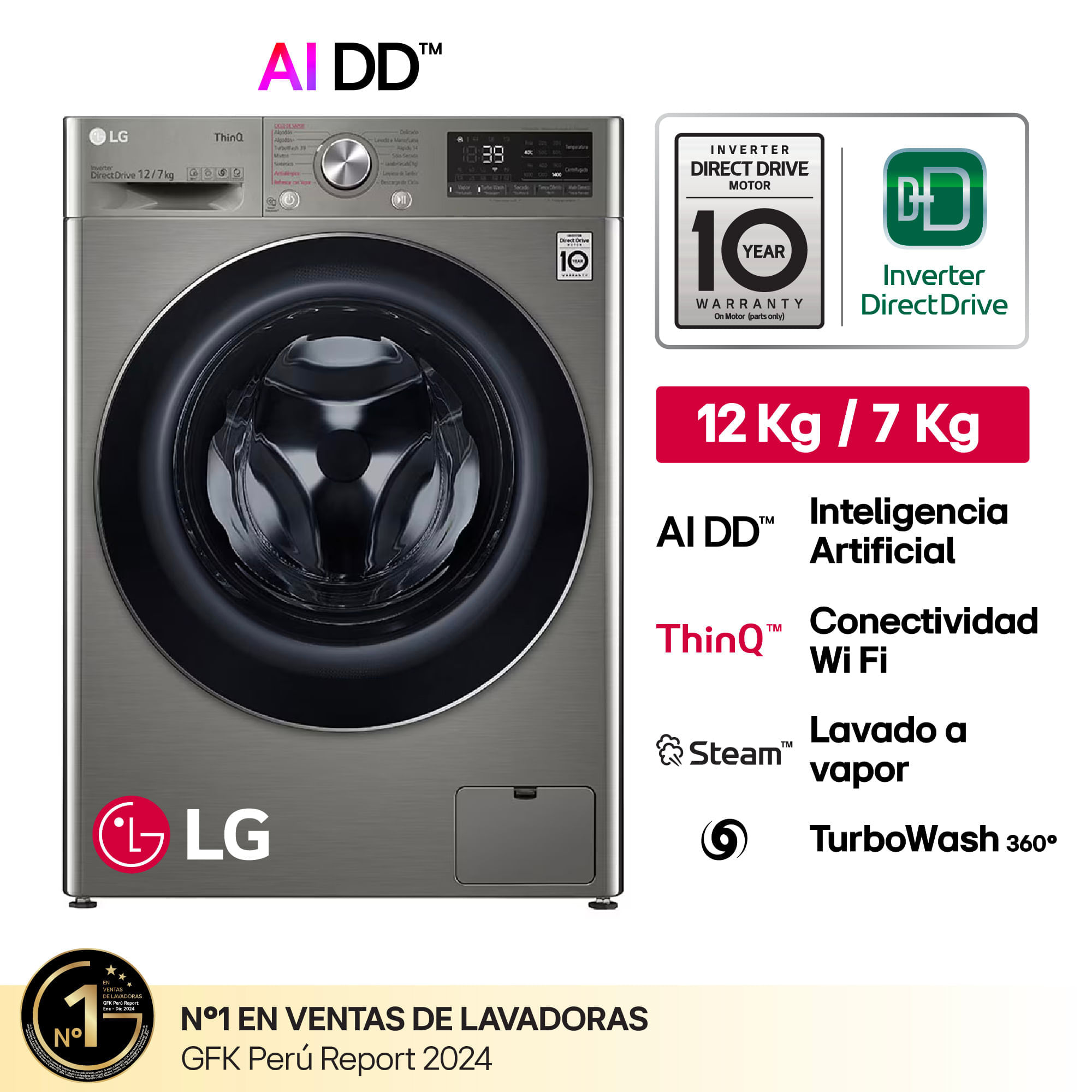 Lavaseca LG Carga Frontal 12Kg/7Kg WD12PVC3S6C Platino