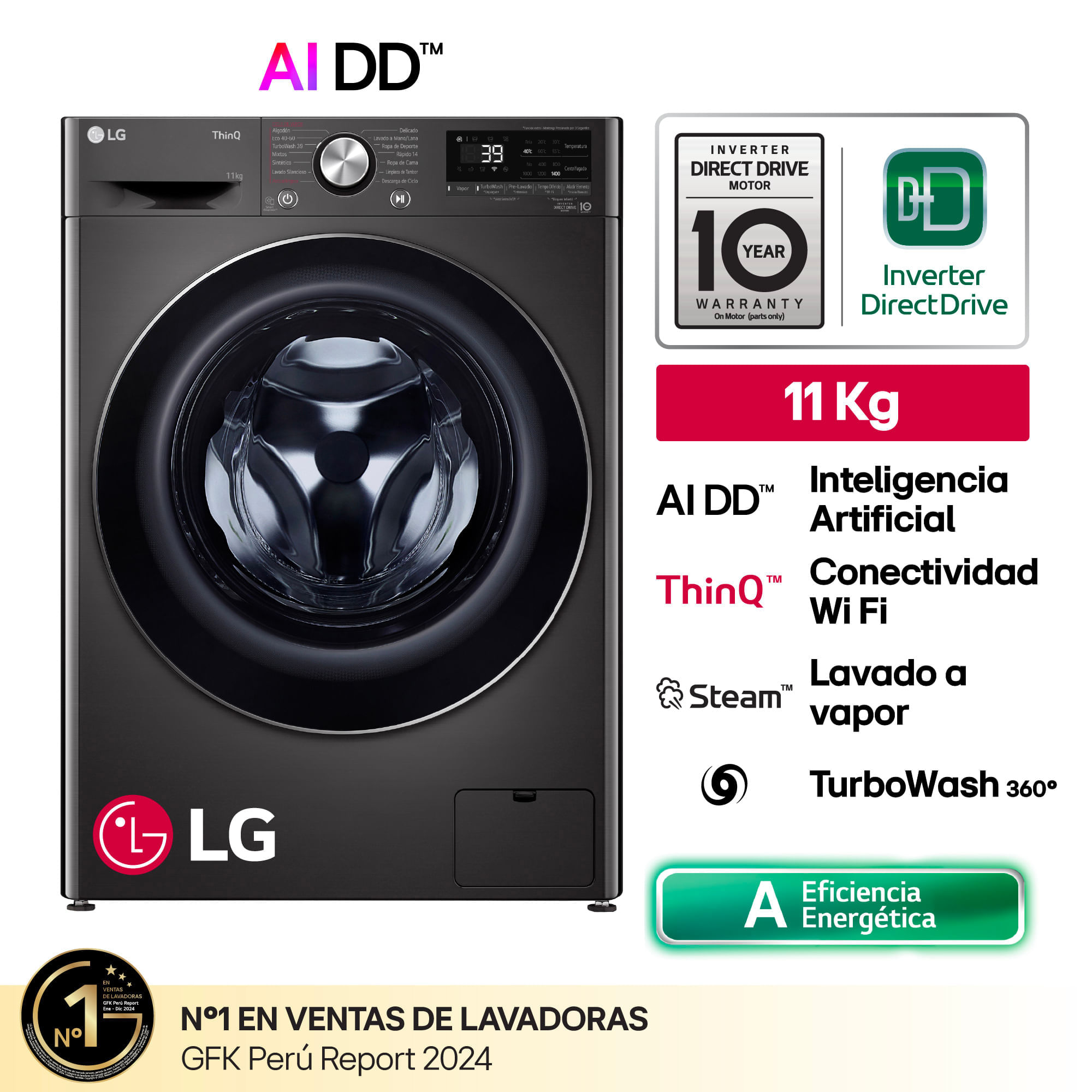 Lavadora LG Carga Frontal 11Kg WM11BVC3S6 Negro Acero