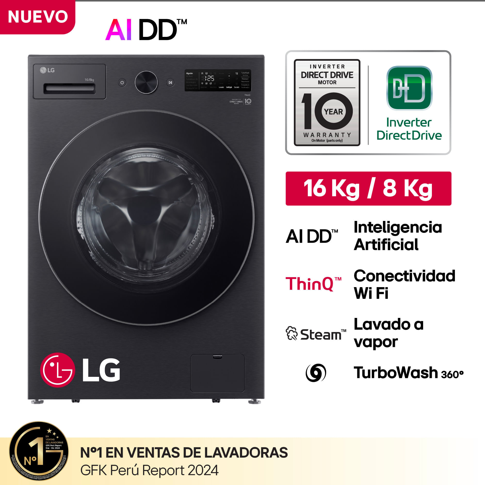 Lavaseca LG Carga Frontal 16Kg/8kg WD16EBNT6PC Negro Mate