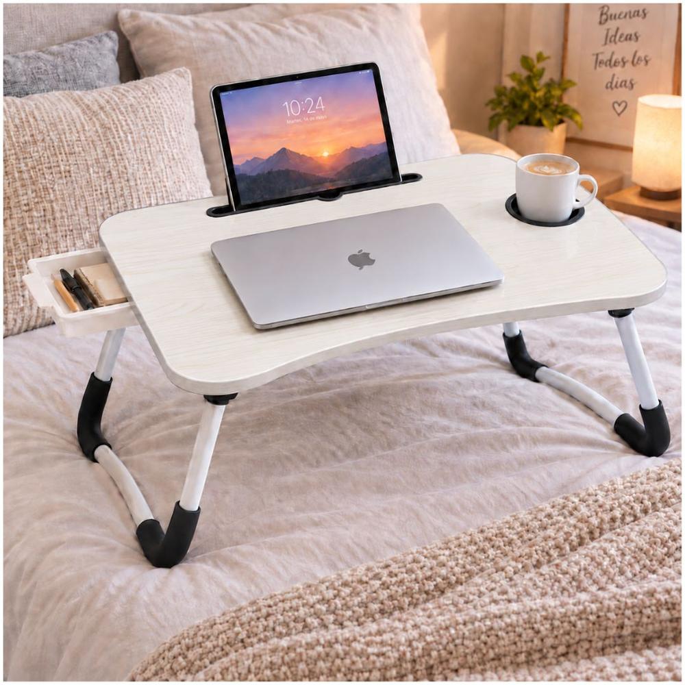 Mesa Plegable para Laptop con Portavasos Soporte Tablet y Cajón Lateral 60x40cm Crema