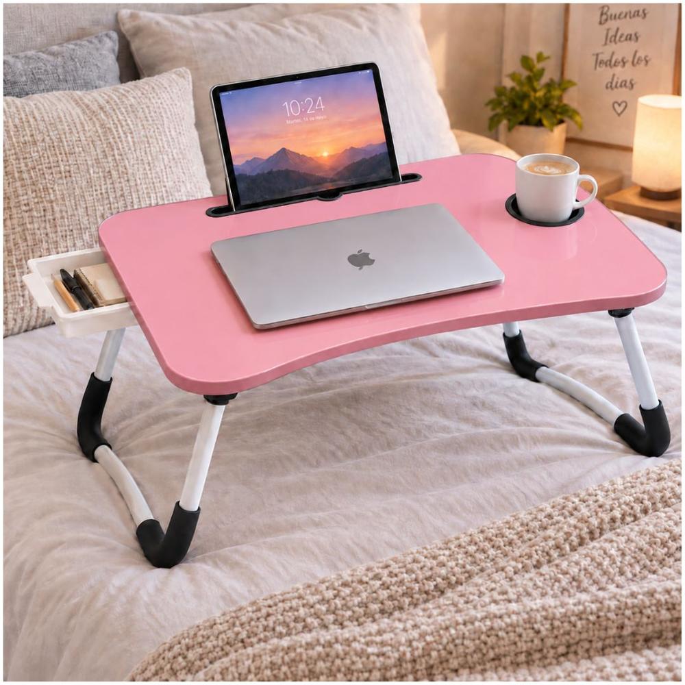 Mesa Plegable para Laptop con Portavasos Soporte Tablet y Cajón Lateral 60x40cm Rosado