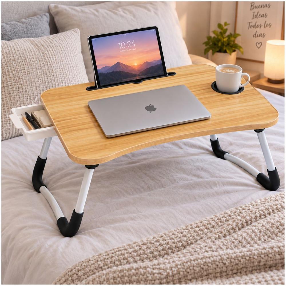 Mesa Plegable para Laptop con Portavasos Soporte Tablet y Cajón Lateral 60x40cm Beige