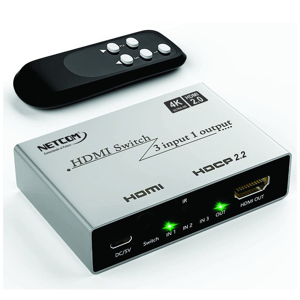 Switch HDMI 2.0 3 Puertos 4K 60Hz 3D HDR HDCP 2.2 3x1 18GBps NETCOM