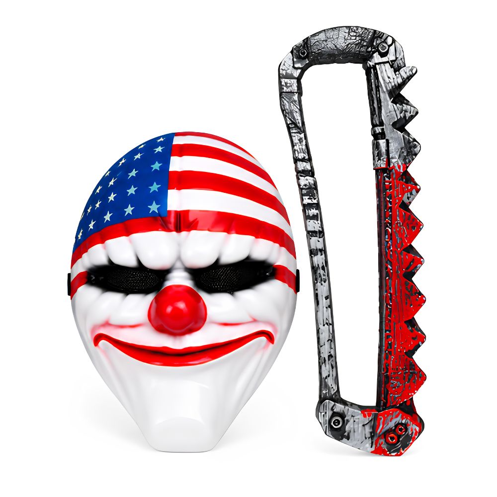 Pack Máscara Payaso Americano con Accesorio Sierra Halloween Disfraz Cosplay