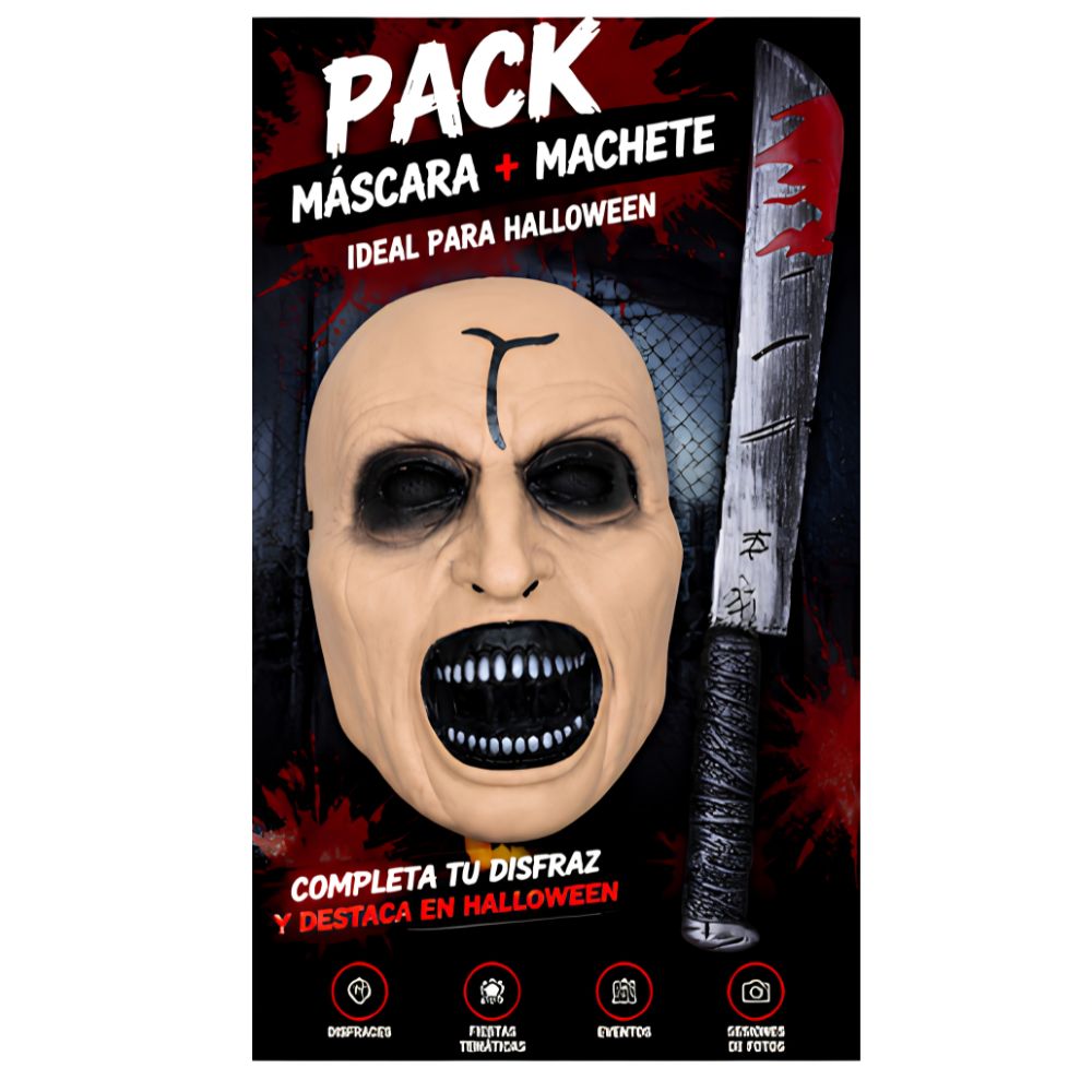 Pack Halloween Máscara Terror Purga Cruz con Machete Decorativo para Disfraz Cosplay Fiesta