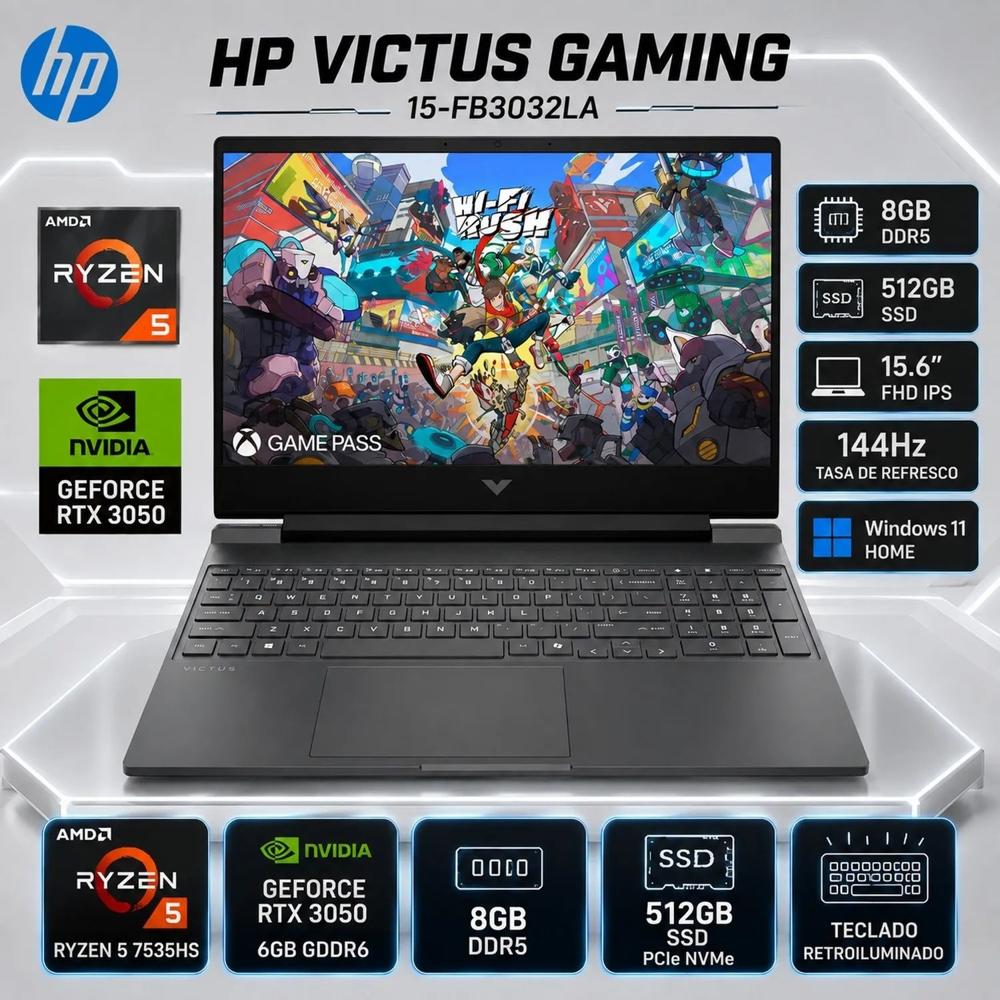 Laptop HP Victus Gaming Ryzen 5 7535HS 8GB 512GB SSD RTX 3050 6GB 15.6 FHD 144Hz Win11 15-FB3032LA