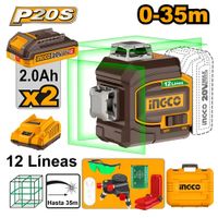 Nivel Láser 12 Líneas Verde INGCO 20V 360 3D 35M  2 Baterías 2.0Ah  1 Cargador HLL3012165