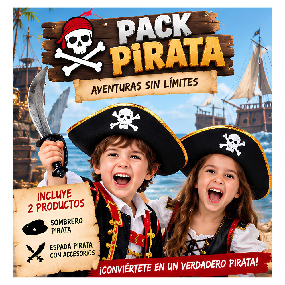 Pack Pirata Infantil Sombrero y Espada con Accesorios para Disfraz Halloween Fiesta