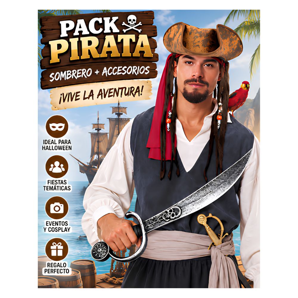 Pack Disfraz Pirata con Cabello paraAdulto con Accesorios para Halloween Fiesta Cosplay