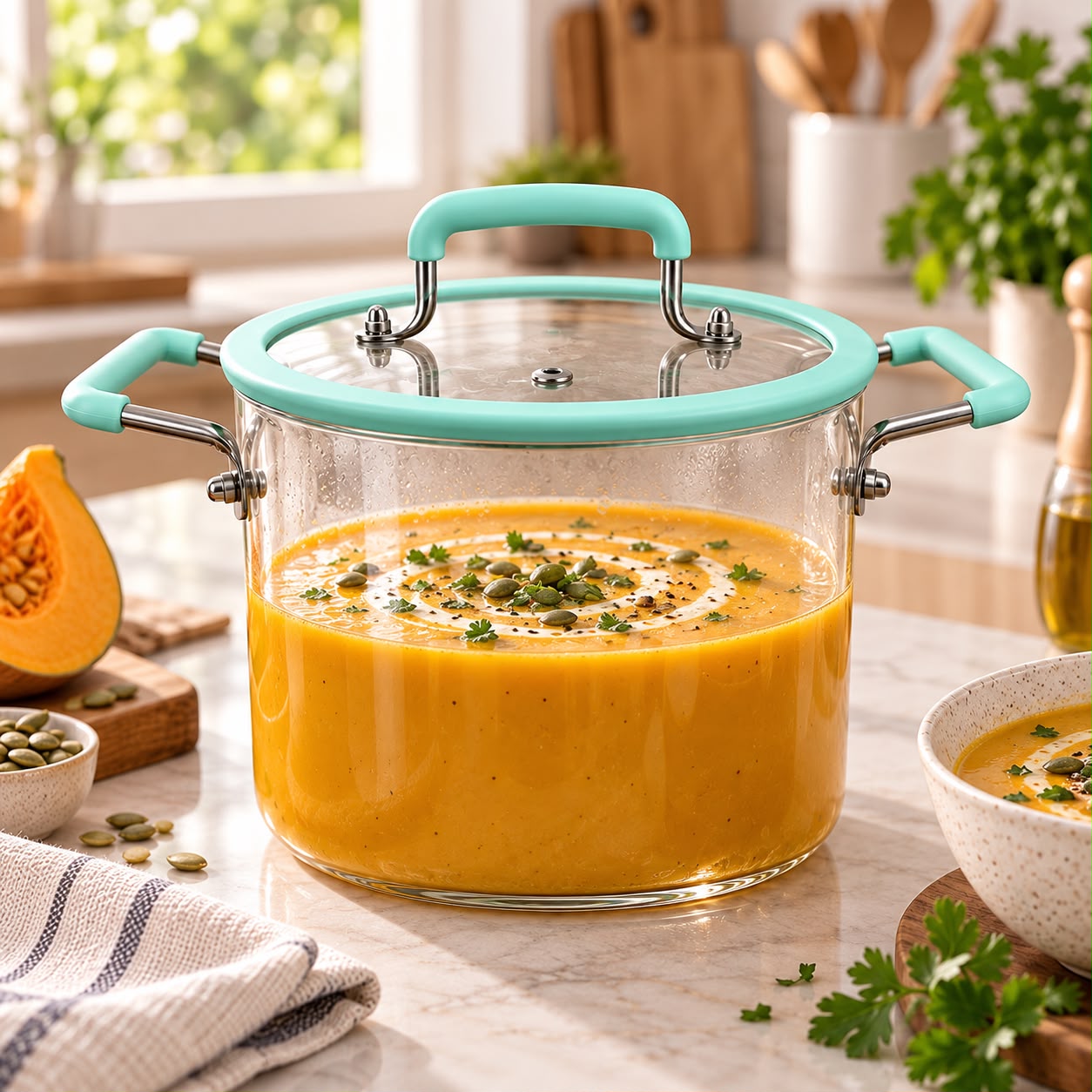 OLLA 4.5 LT DE VIDRIO CON TAPA LÍNEA TURQUESA