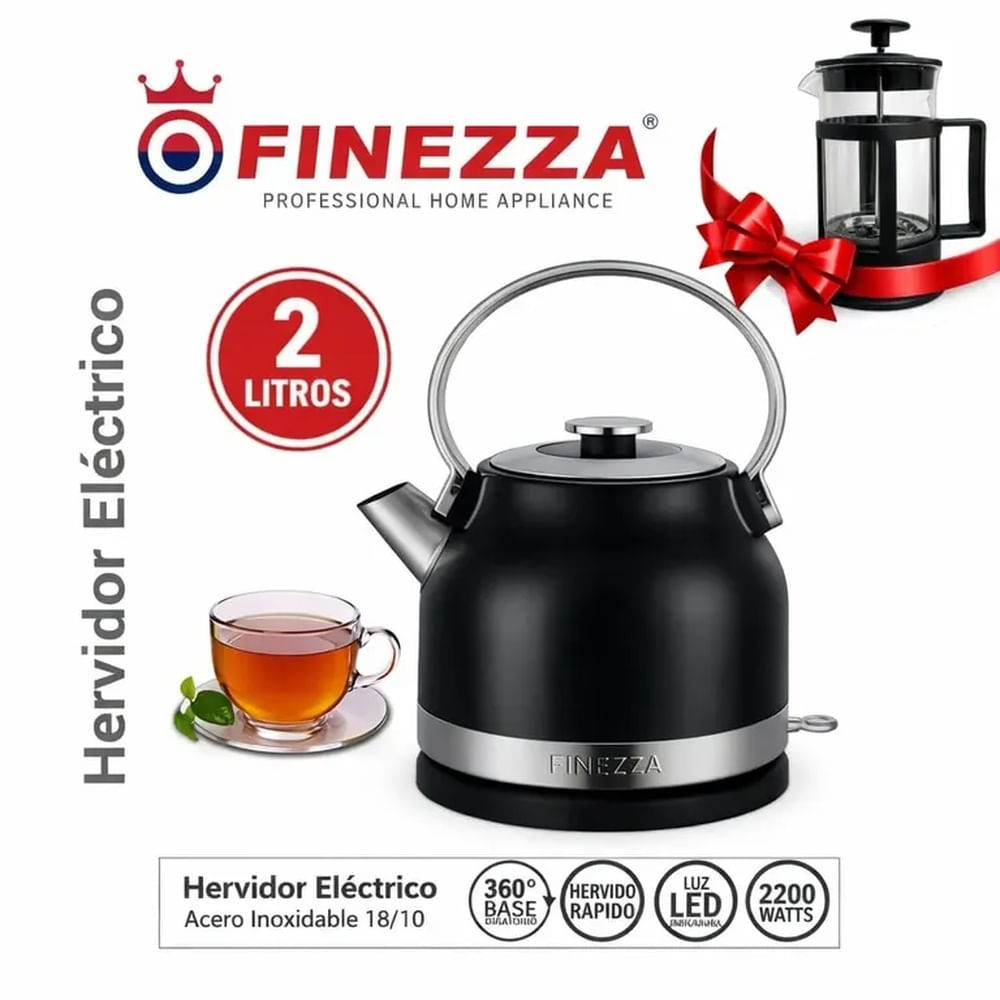 FINEZZA - HERVIDOR ELECTRICO ACERO INOXIDABLE DE 2 LITROS - 2200W + CAFETERA GRATIS