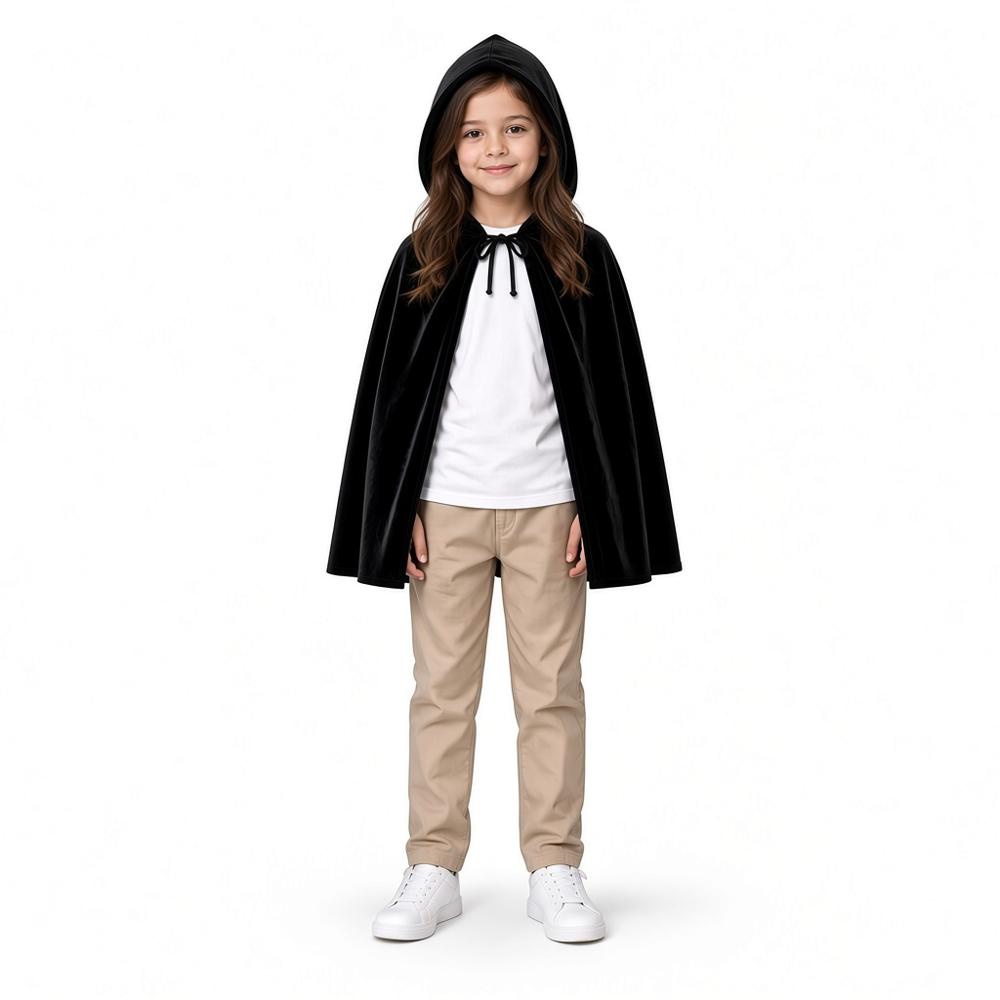 CAPA CAPUCHA NEGRA DE TERCIOPELO 60 CM NIÑOS BRUJA VAMPIRO DISFRAZ NAVIDAD HALLOWEEN GENIEKA