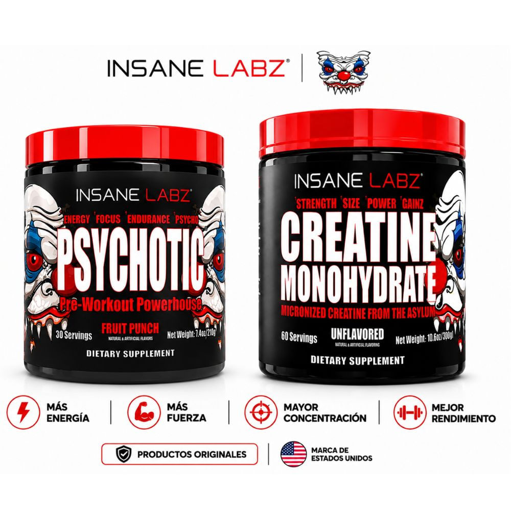 Combo Insane Labz Psychotic Pre Entreno 210G 30 Servicios Más Creatina Monohidratada  300G