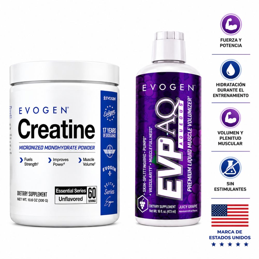 Combo Evogen EVP AQ Glicerol Pre Entreno Líquido 473ml Juicy Grape Más Creatina Monohidratada  300G