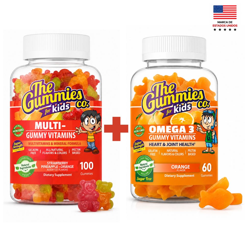 Combo The Gummies Co. Para niños Omega 3  Naranja Más Mega Multivitamínico Gomitas Fresa y Piña