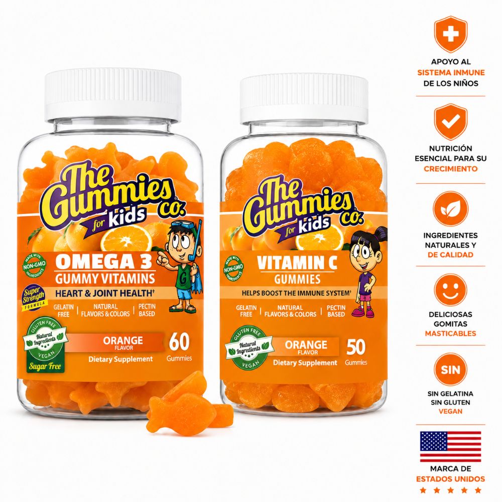 Combo The Gummies Co. Para niños Omega 3 60 Gomitas Naranja Más Vitamina C 50 Gomitas Naranja