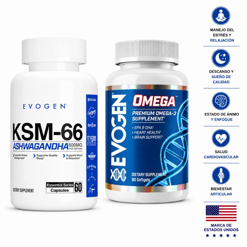 Combo Evogen Omega 3 Fish Oil 3000mg 90 Cápsulas EPA 1200mg DHA 900mg Más Ashwagandha KSM-66 600mg