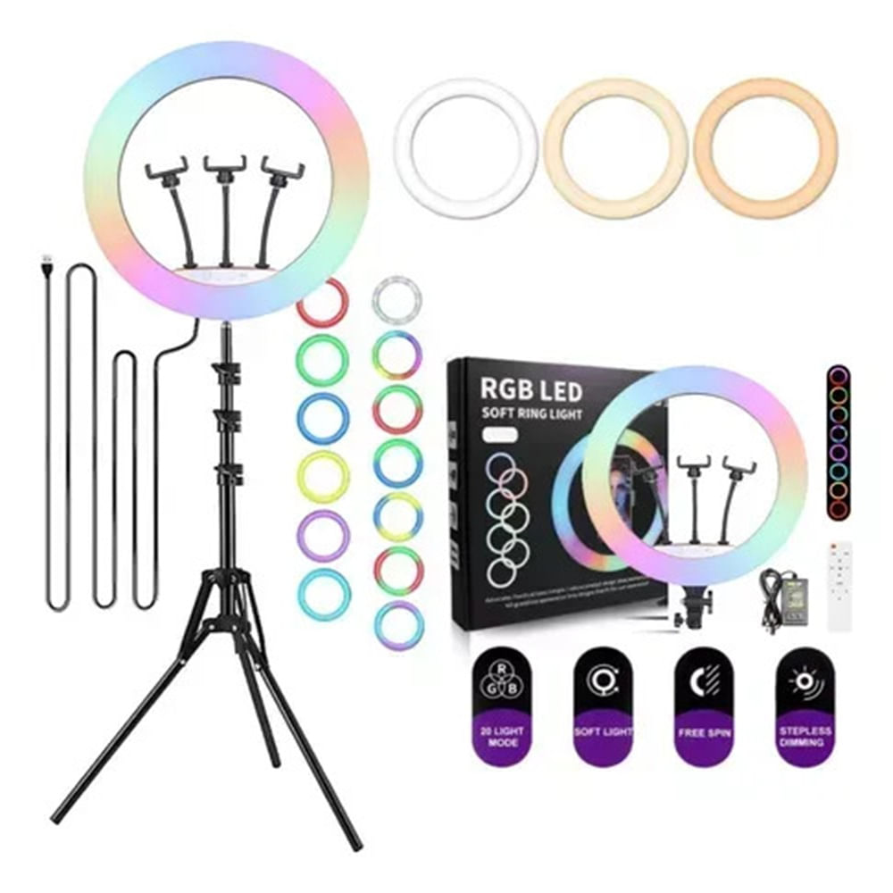 Aro De Luz 45 Cm Rgb Led Trípode Profesional Control Remoto Color De La Estructura Negro  MOD HXMJ45