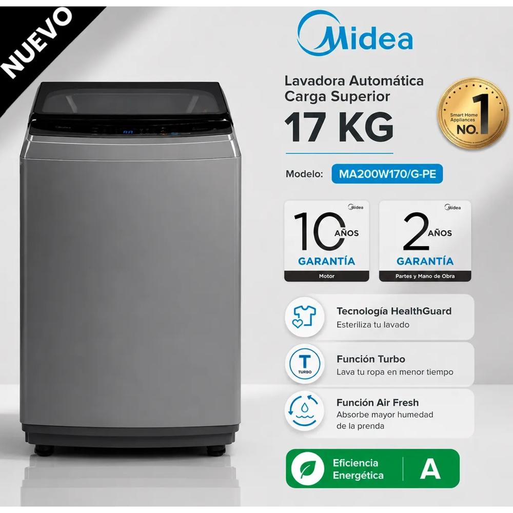 Lavadora carga superior 17 Kg Gris Midea MA200W170-G-PE