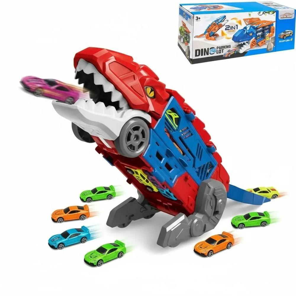 DINO TRUCK LANZA CARROS CON 6 CARRITOS DE REGALO.