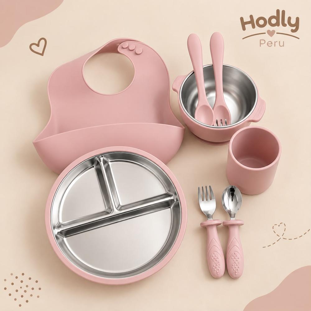 Set de Alimentación para Bebé 8 Piezas Silicona y Acero Inoxidable Palo Rosa