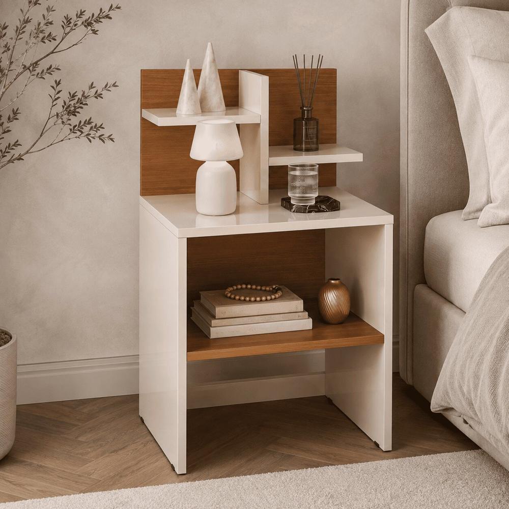Velador Mila Multifuncional Repisas Blanco High Gloss TU MESITA Canto Grueso