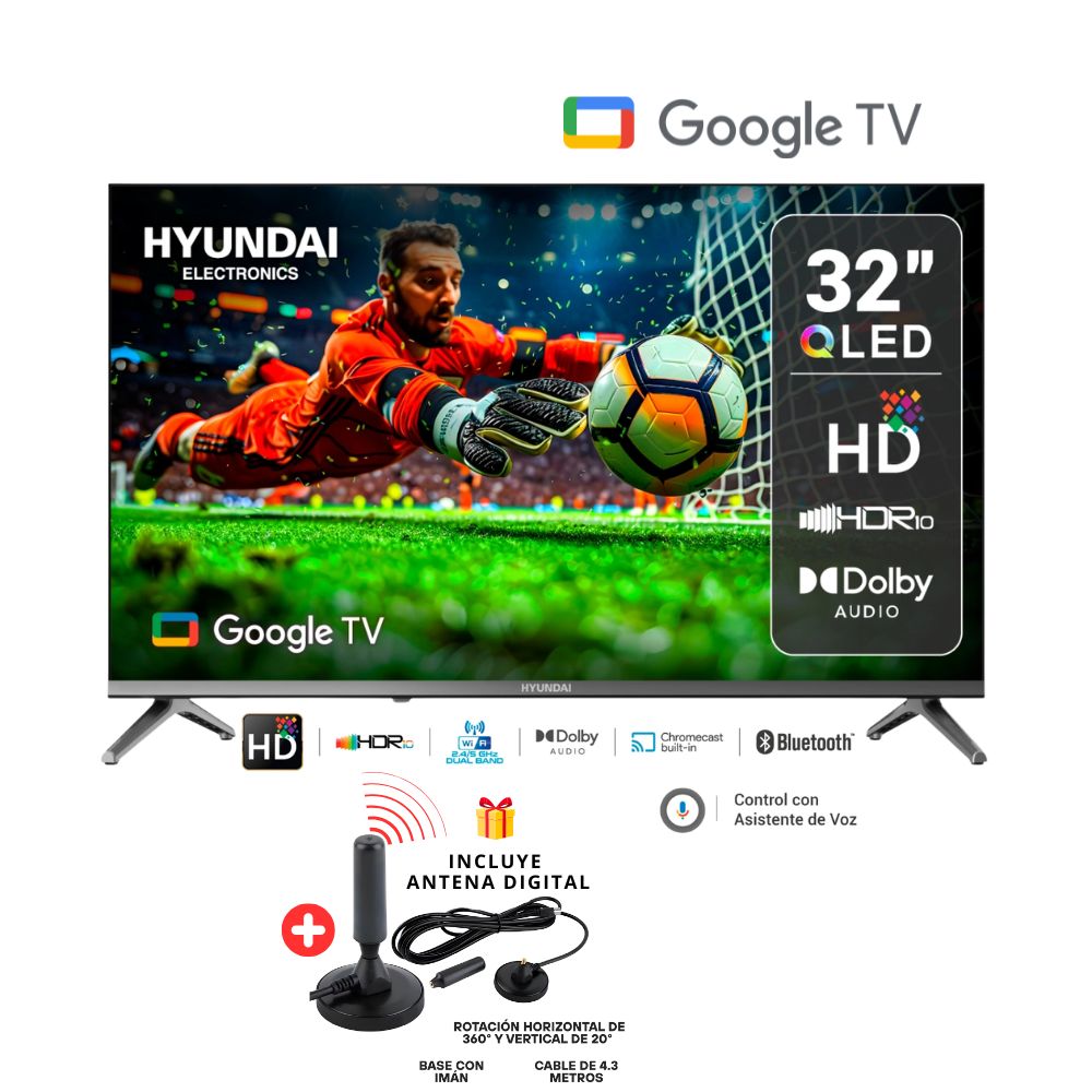 TELEVISOR HYUNDAI QLED 32 HD SMART TV HYLED3259QG -GOOGLE TV -  ANTENA DIGITAL