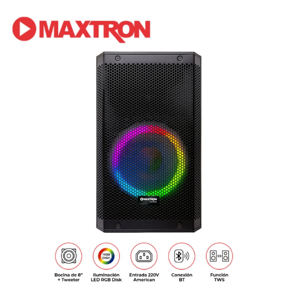 Parlante Portatil Maxtron Savage MX303 USB BT TWS luces RGB 01 Microfono