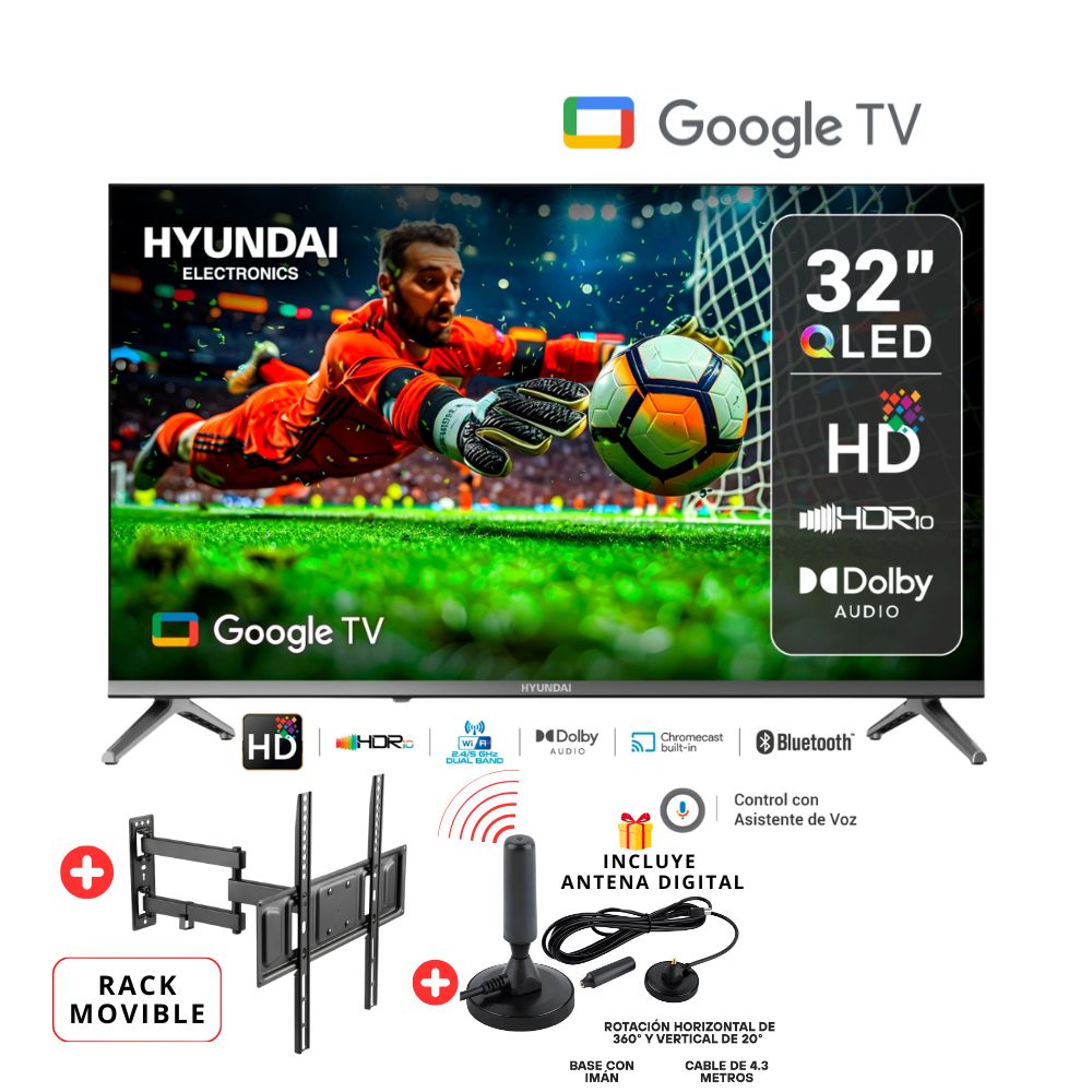 TELEVISOR HYUNDAI QLED 32 HD SMART TV HYLED3259QG -GOOGLE TV - Rack Movible