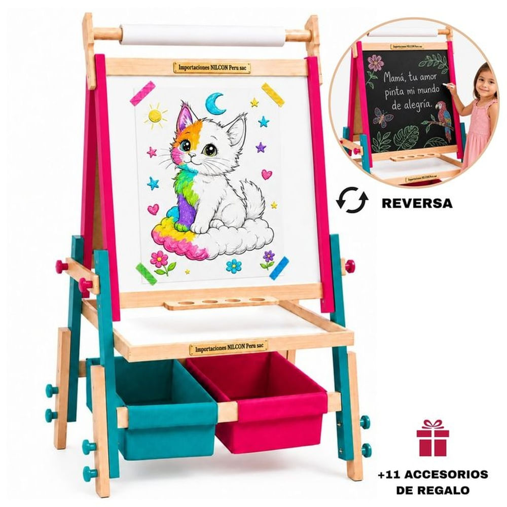Pizarra Caballete Infantil Madera 4en1 Magnética Tiza Acrílica Ajustable Montessori para Niñas