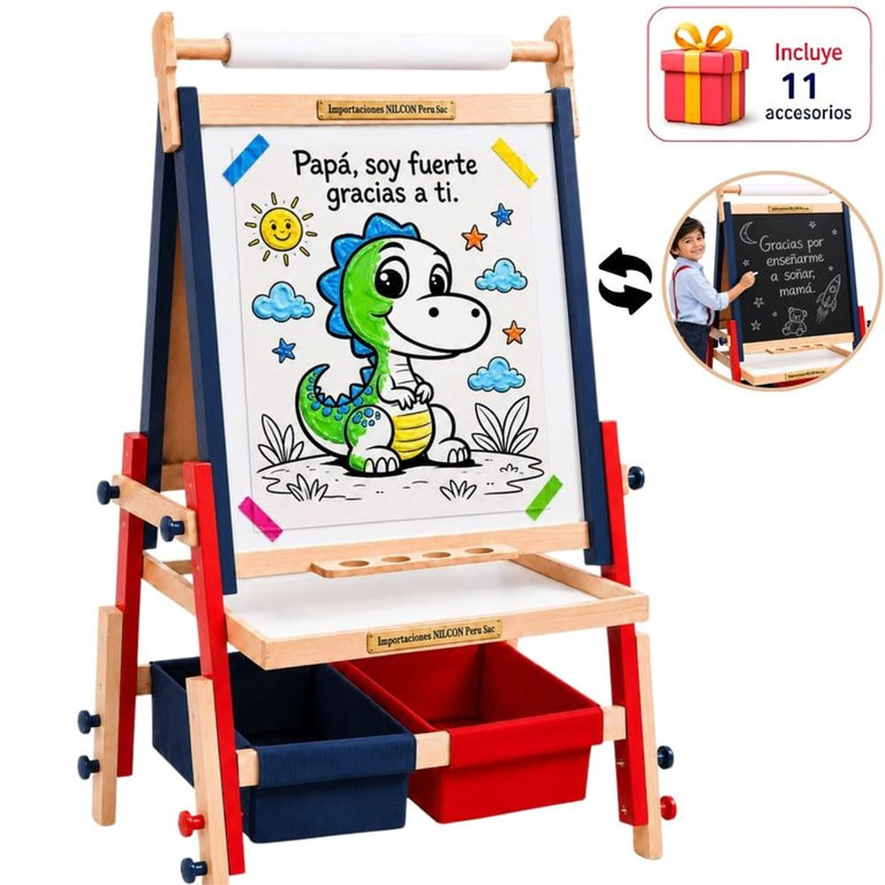 Caballete de Madera para Niños 4en1 Plegable Ajustable Doble Cara Tiza Acrílica Magnética