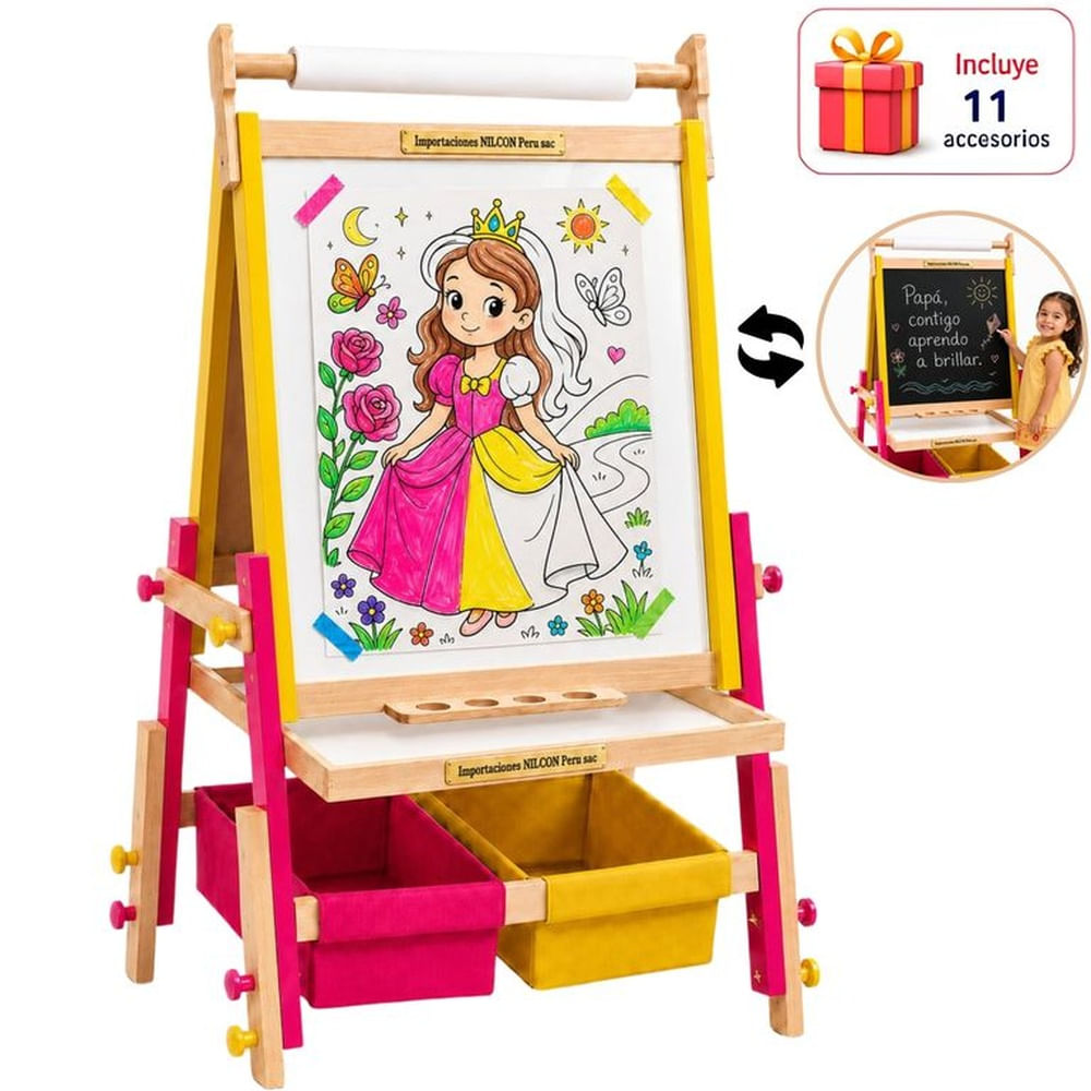 Pizarra de Madera Caballete Niñas 4en1 Fucsia Amarillo Magnética Doble Cara Tiza Acrílica Kit Regalo