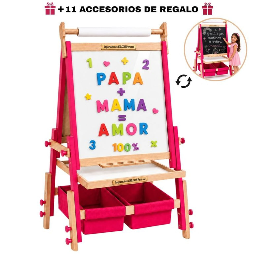 Caballete Pizarra Infantil 4en1 Fucsia Doble Cara Tiza Acrílica Papel Magnetica y Accesorios