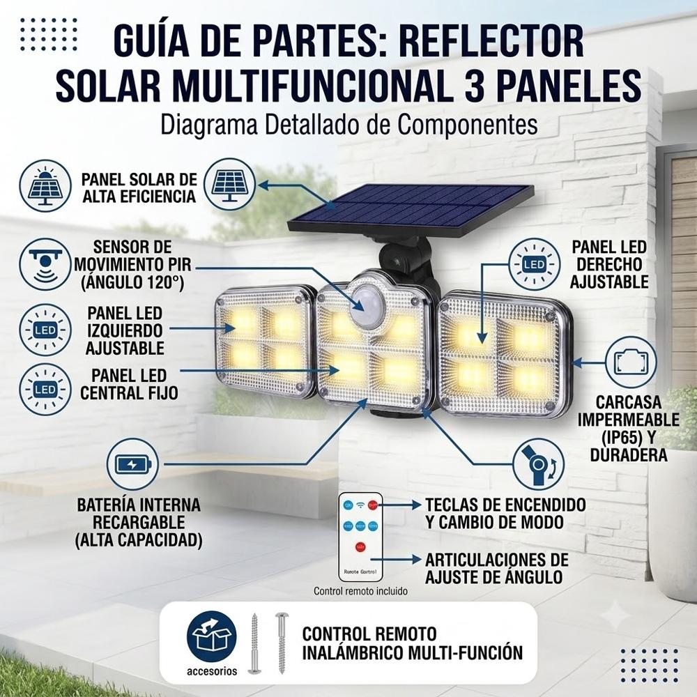 LAMPARA REFLECTOR PARA EXTERIORES TRIPLE CABEZAL PANEL SOLAR CON SENSOR DE MOVIMIENTO MOD FL1725A.